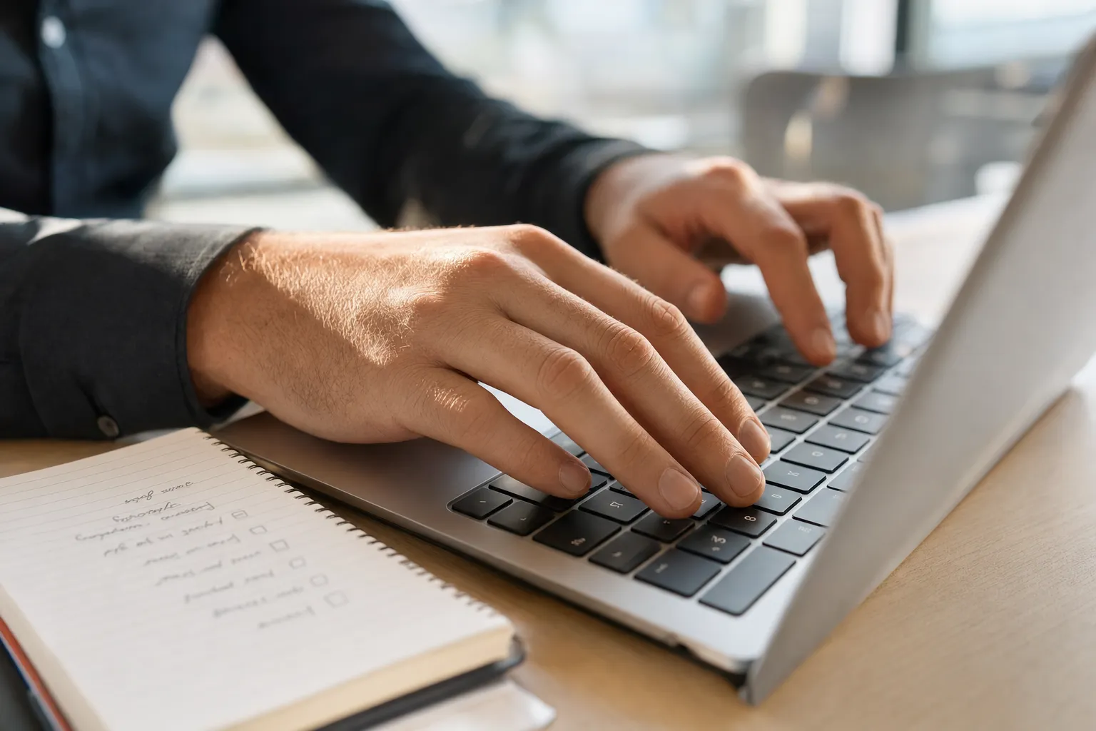 Close-up of a professional's hands typing on a laptop keyboard beside a handwritten checklist, the laptop screen softly blurred in the background.