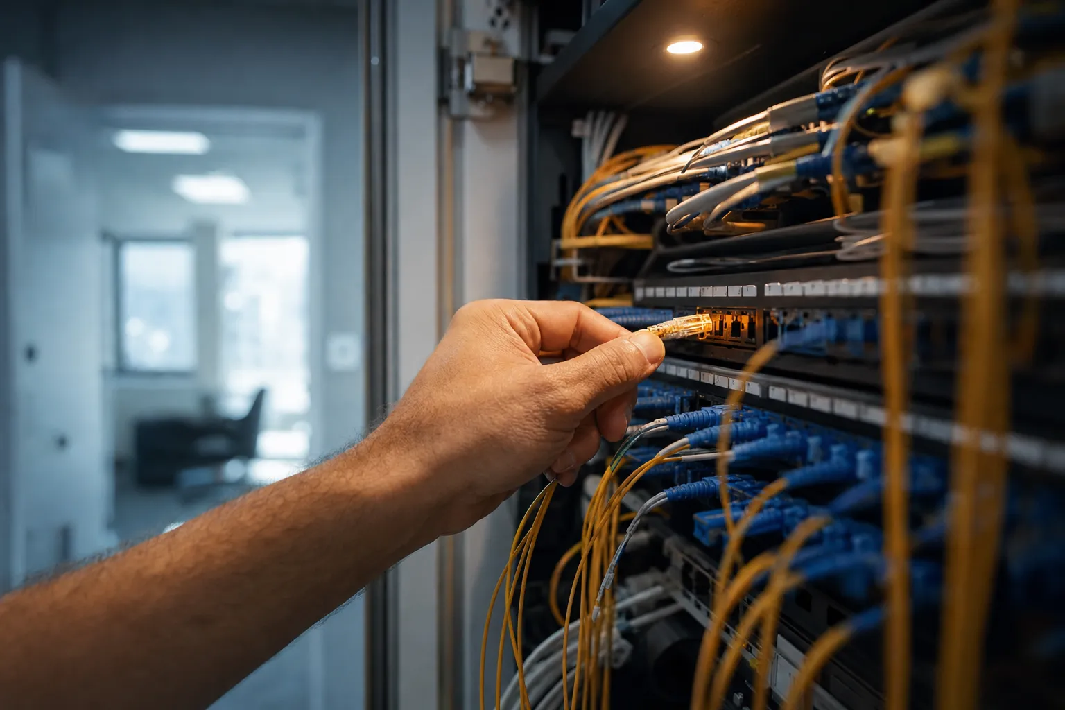 Close-up of a technician's hand plugging a single amber-lit fibre-optic cable into a network patch panel, consolidating a tangle of loose cables into one organised connection inside an office comms cupboard.