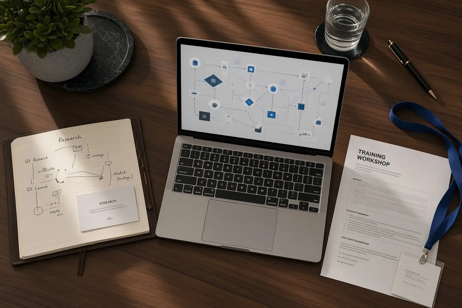 A desk with a strategy notebook, a laptop showing a workflow automation diagram and a training workshop handout.