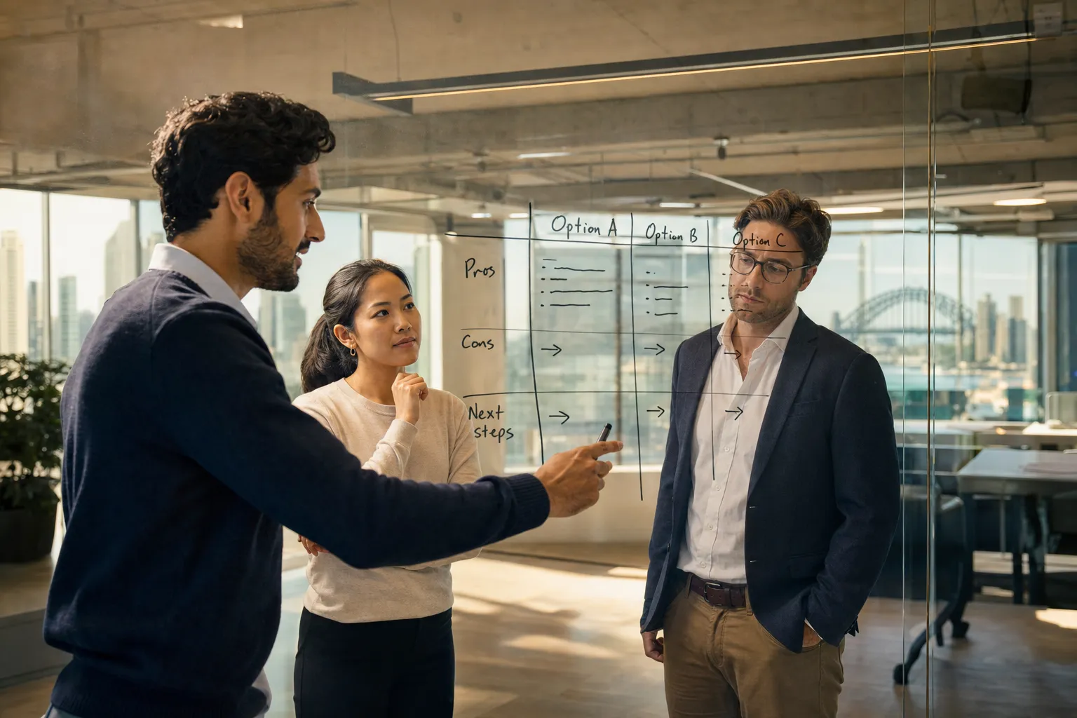 A small group of professionals stand around a whiteboard in a Sydney office, comparing notes during a standing meeting, warm morning light through the windows