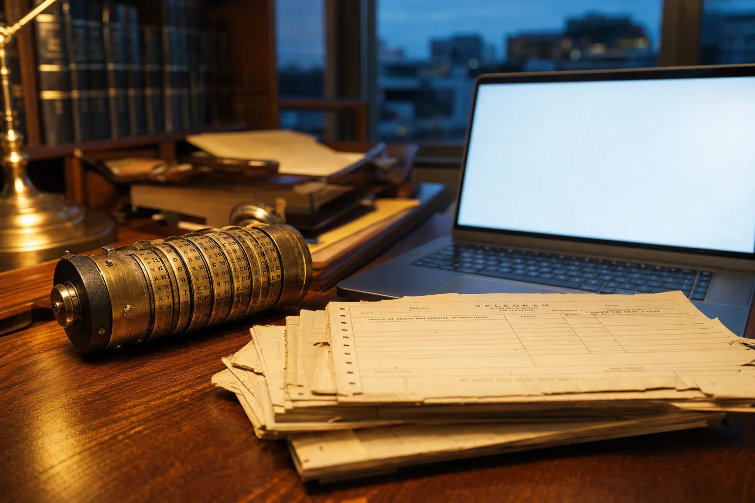 An antique brass Enigma-style cipher wheel and a stack of yellowed wartime telegram forms beside an open laptop with a glowing blank screen, on a dark wood desk in a book-lined office at dusk