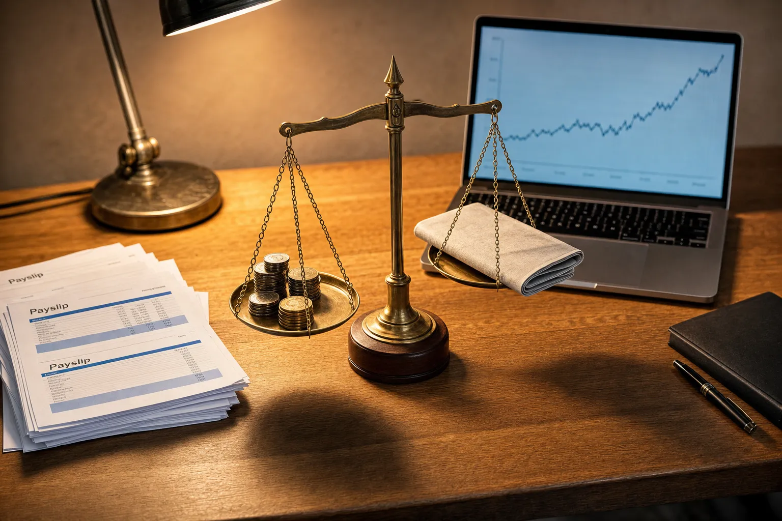 Overhead still life of a stack of payslips, an open laptop showing a rising line graph, and a small brass balance scale holding coins against a folded blank newspaper on a wooden desk.