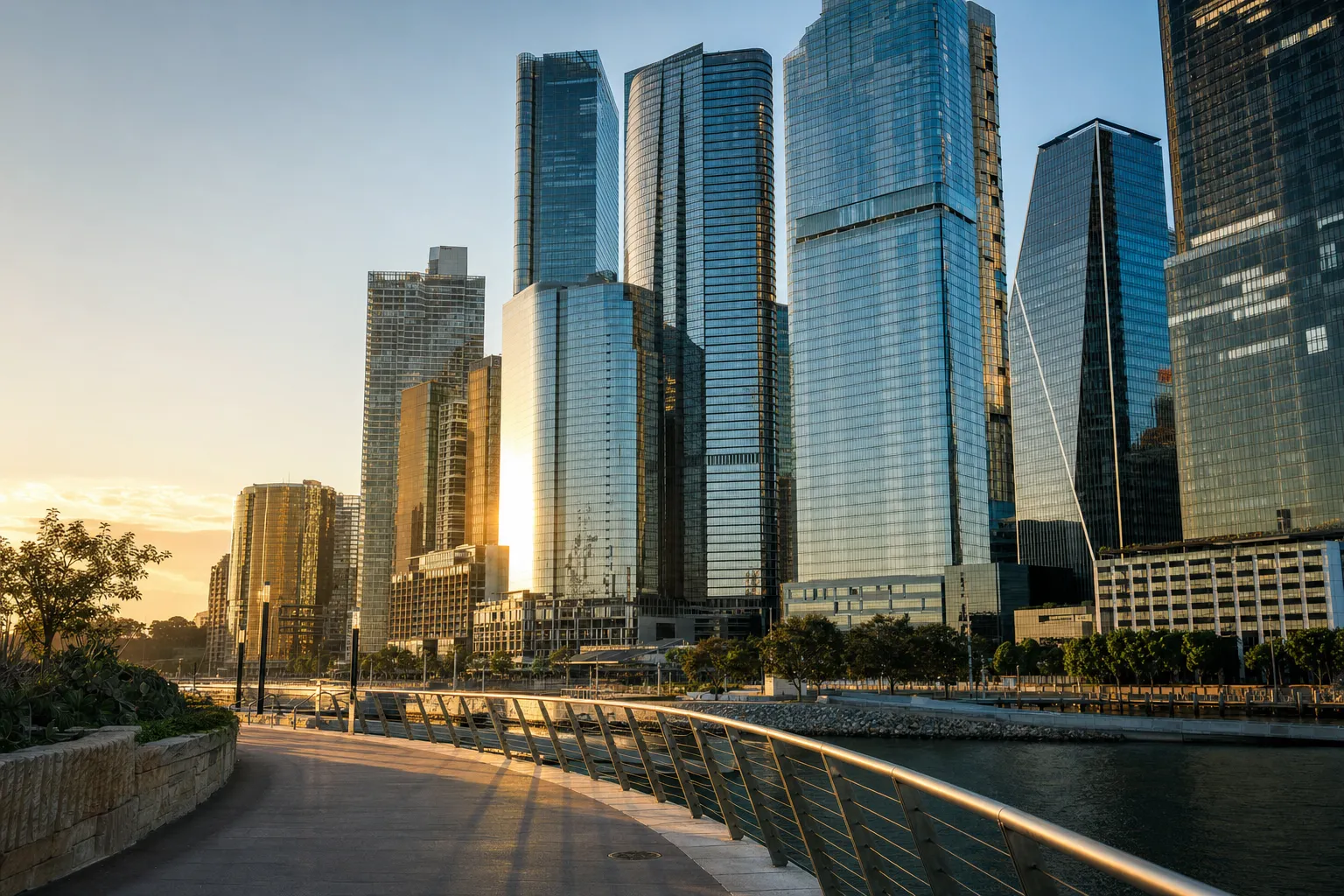 Glass office towers in Sydney's CBD financial district seen from a harbourside path at golden hour, no people in frame