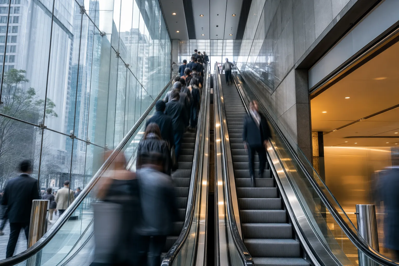 A glass office tower lobby in Sydney's CBD, two parallel escalators moving in opposite directions at peak hour, blurred commuters ascending one side as the other empties, cool blue daylight through floor-to-ceiling glass mixed with warm interior lighting.