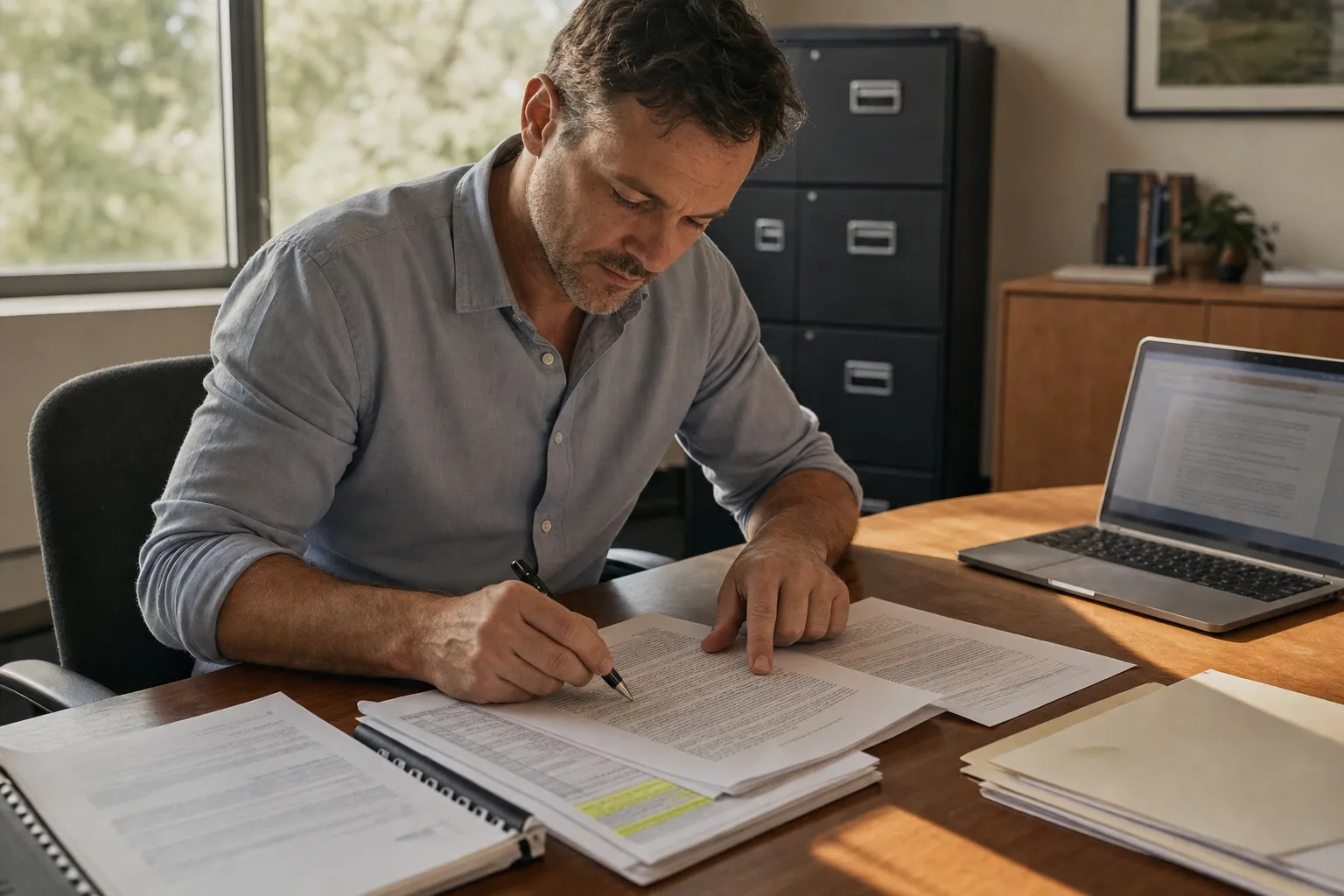 A business owner at a desk checks a printed Fair Work Commission submission line by line against source documents, laptop open beside them