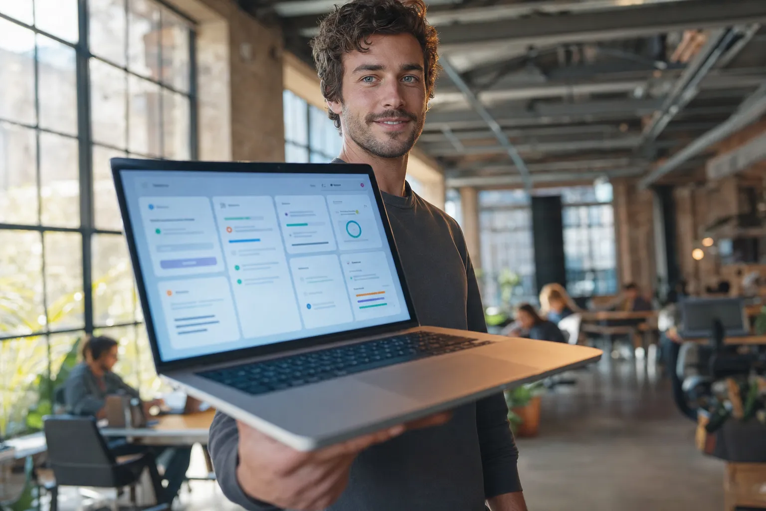 A professional at a Sydney co-working space holds a laptop showing a soft-glowing multi-panel task dashboard, warm morning light through warehouse windows