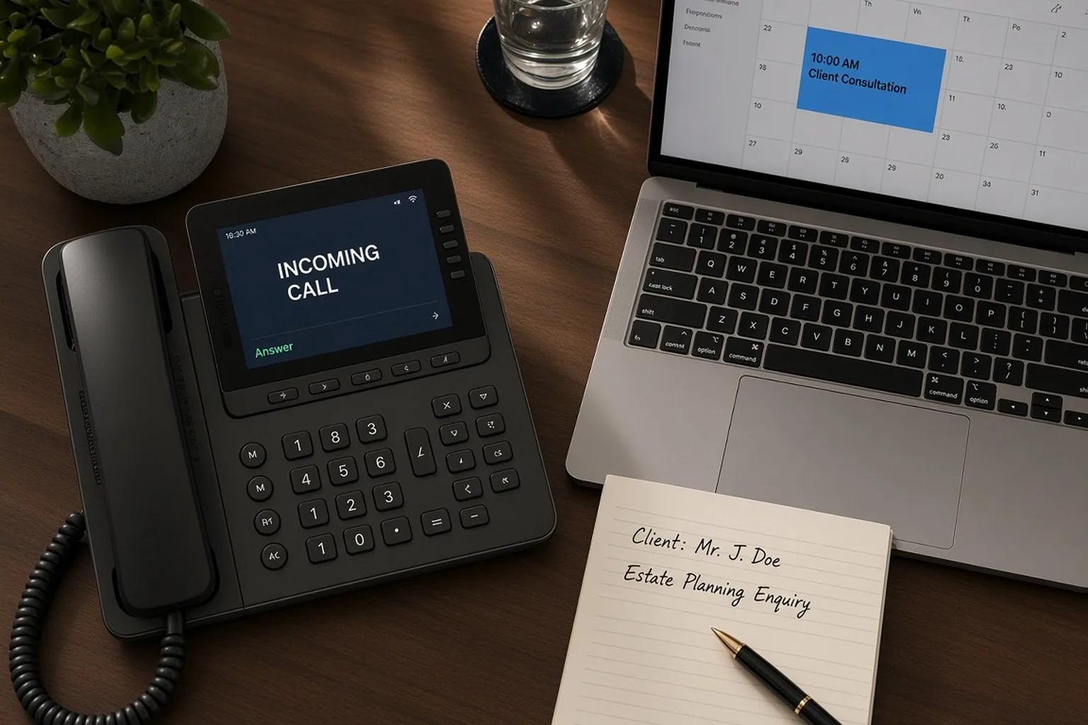 A law firm reception desk at dusk, with a desk phone showing an incoming call, a laptop calendar with a booked client consultation, and a notepad of enquiry notes.