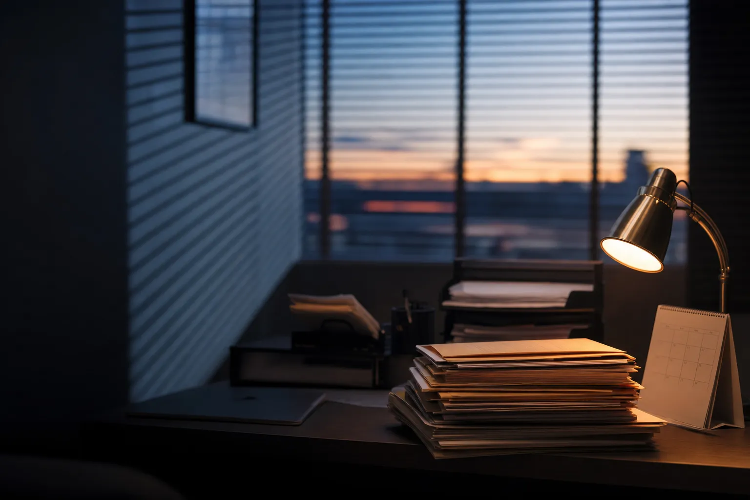 An empty accountant's back office at dusk, with stacks of client folders and invoice trays on a desk beside a closed laptop, lit by a single desk lamp against blue window light from venetian blinds.