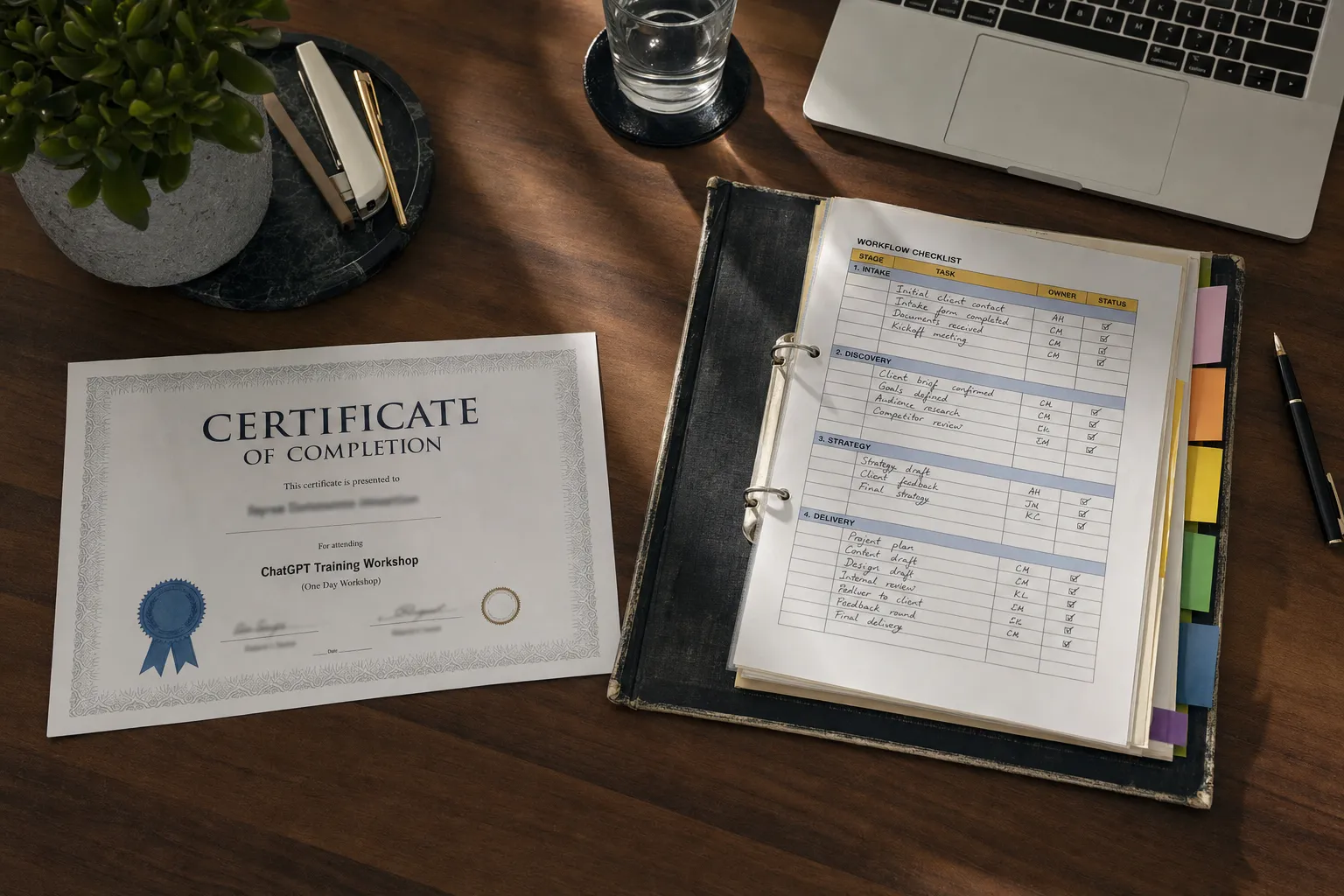 A printed ChatGPT training certificate lying unused on a desk beside a well-used, colour-tabbed client workflow binder, shot overhead in soft amber light.