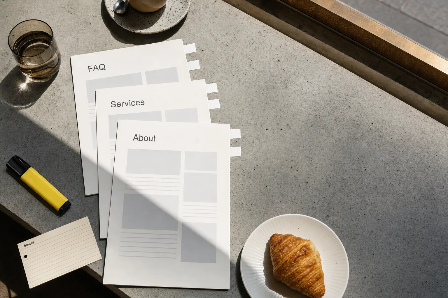 Overhead still life of website printouts labelled FAQ, Services and About, with blank citation tabs, a highlighter, an index card marked Source and a flat white on a concrete café bench.