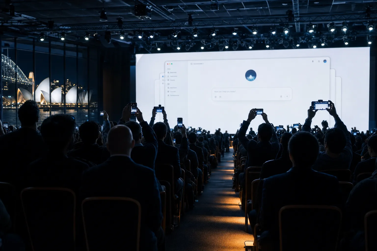 A conference audience filmed from the back rows, silhouetted attendees holding up phones toward a giant stage screen showing a generic AI assistant interface, with the Sydney Opera House and Harbour Bridge visible through windows at night.