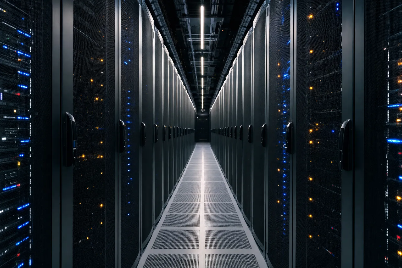A long corridor of humming server racks in a data centre cooling aisle at night, glowing blue and amber status LEDs receding into soft focus, no staff present.
